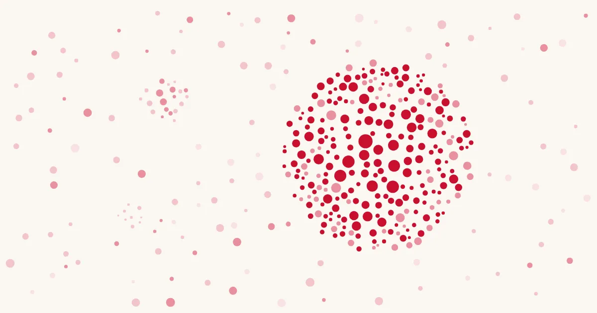 Pale rose dots on cream gathering into one dense red cluster